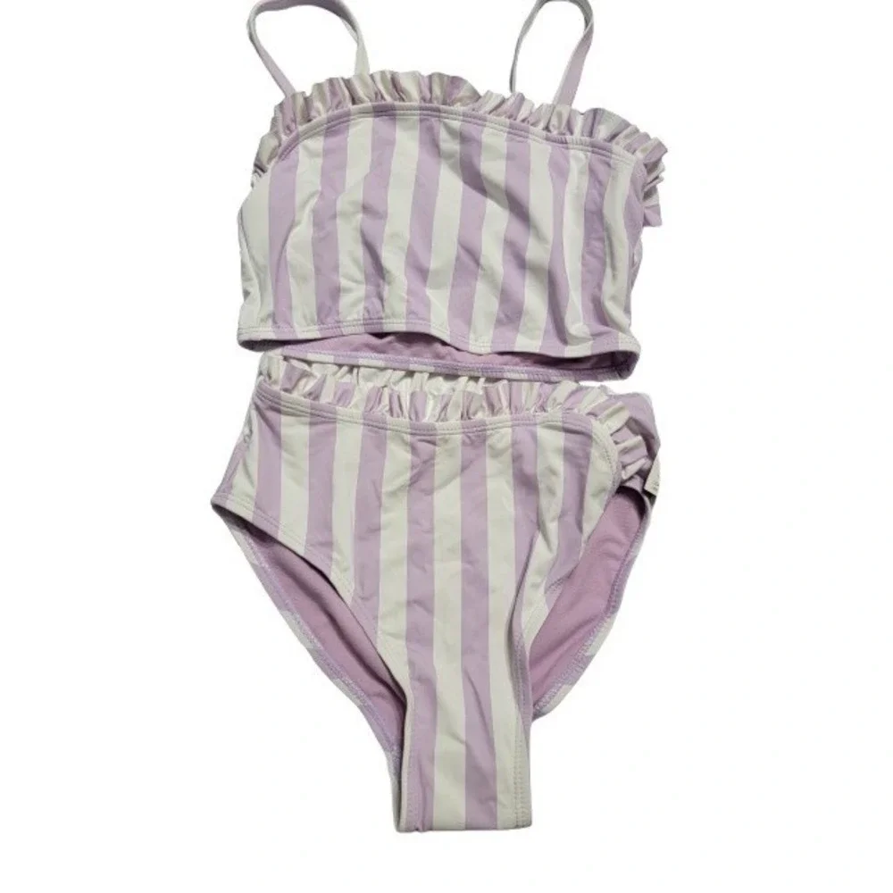 NWT Habitual Kids 10 Purple White Stripe Ruffle Bikini Top & Bottom 120795